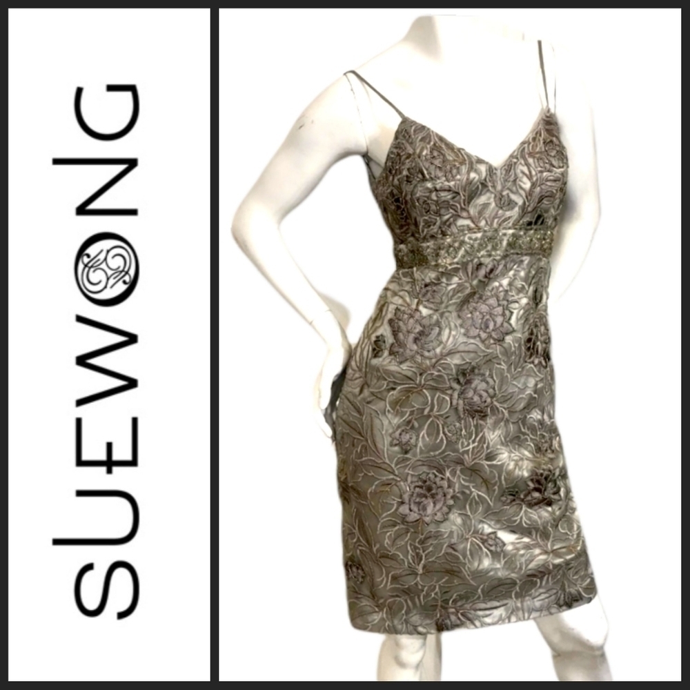 Sue Wong Nocturne Irridescent Grey Champagne Floral Beaded Cocktail Dress